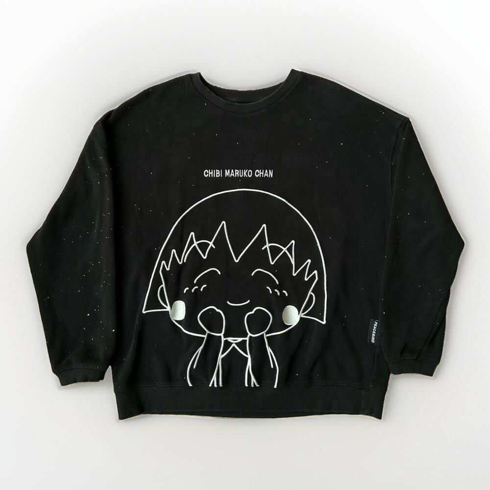 Peacebird Chibi Maruko Chan Black Glitter Embroidered Anime Sweatshirt Sz Small